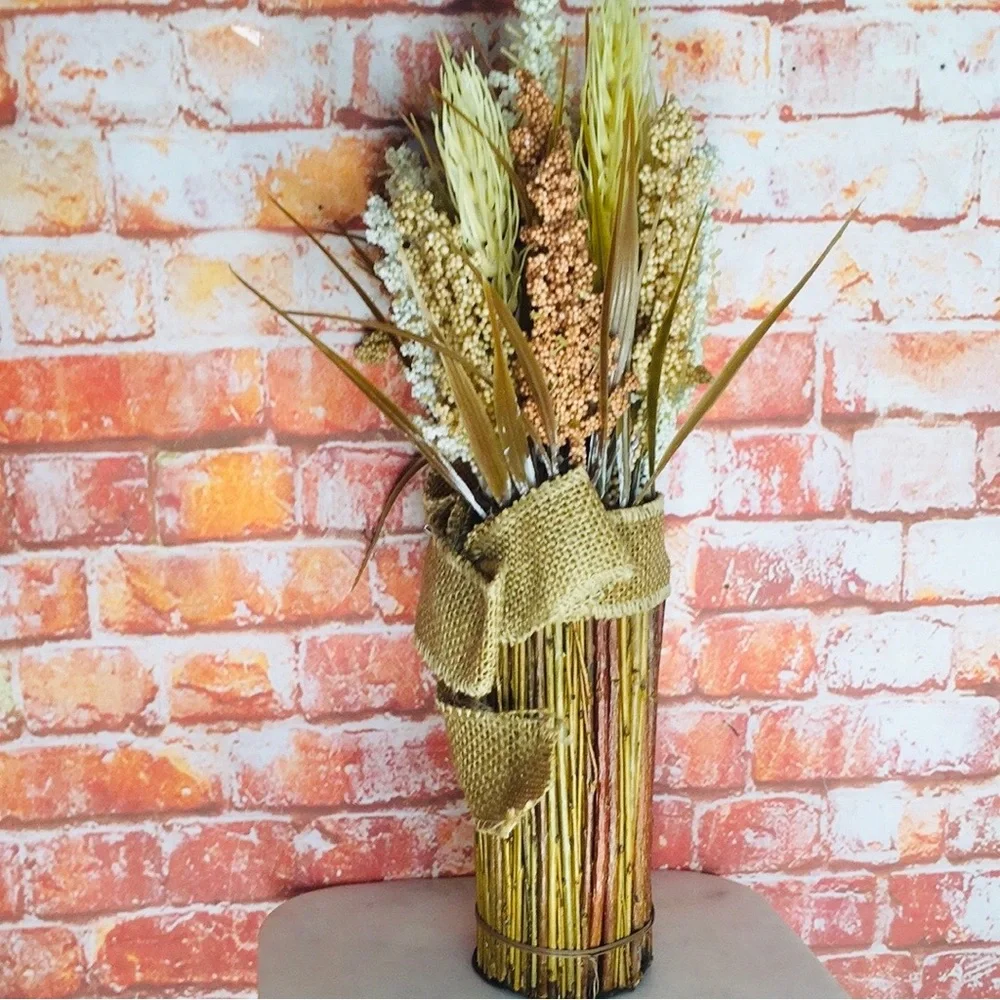 Rustic Faux Dried Floral Wheatgrass Bouquet with Burlap Wrap